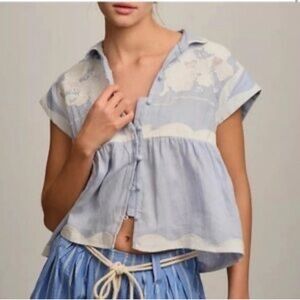 Anthropologie Sahil Kochhar Kashti Linen Embroidered Top Blue Boho Medium
